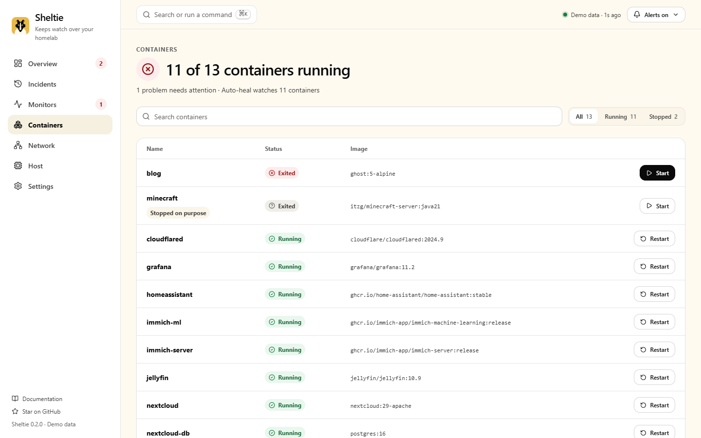 Containers page with status, a container stopped on purpose and restart buttons