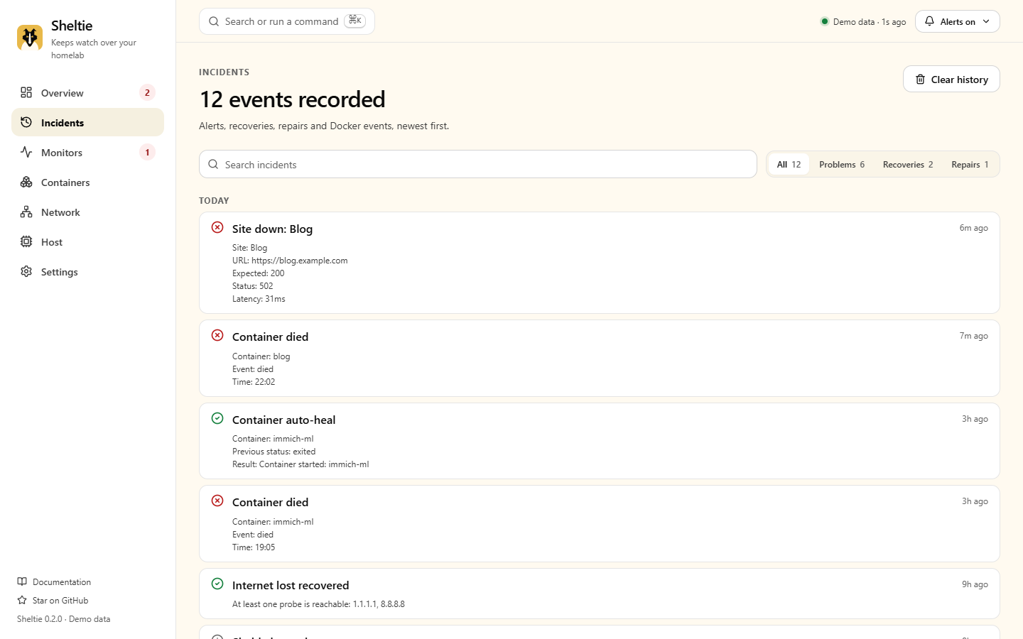 Incidents timeline grouped by day with filters