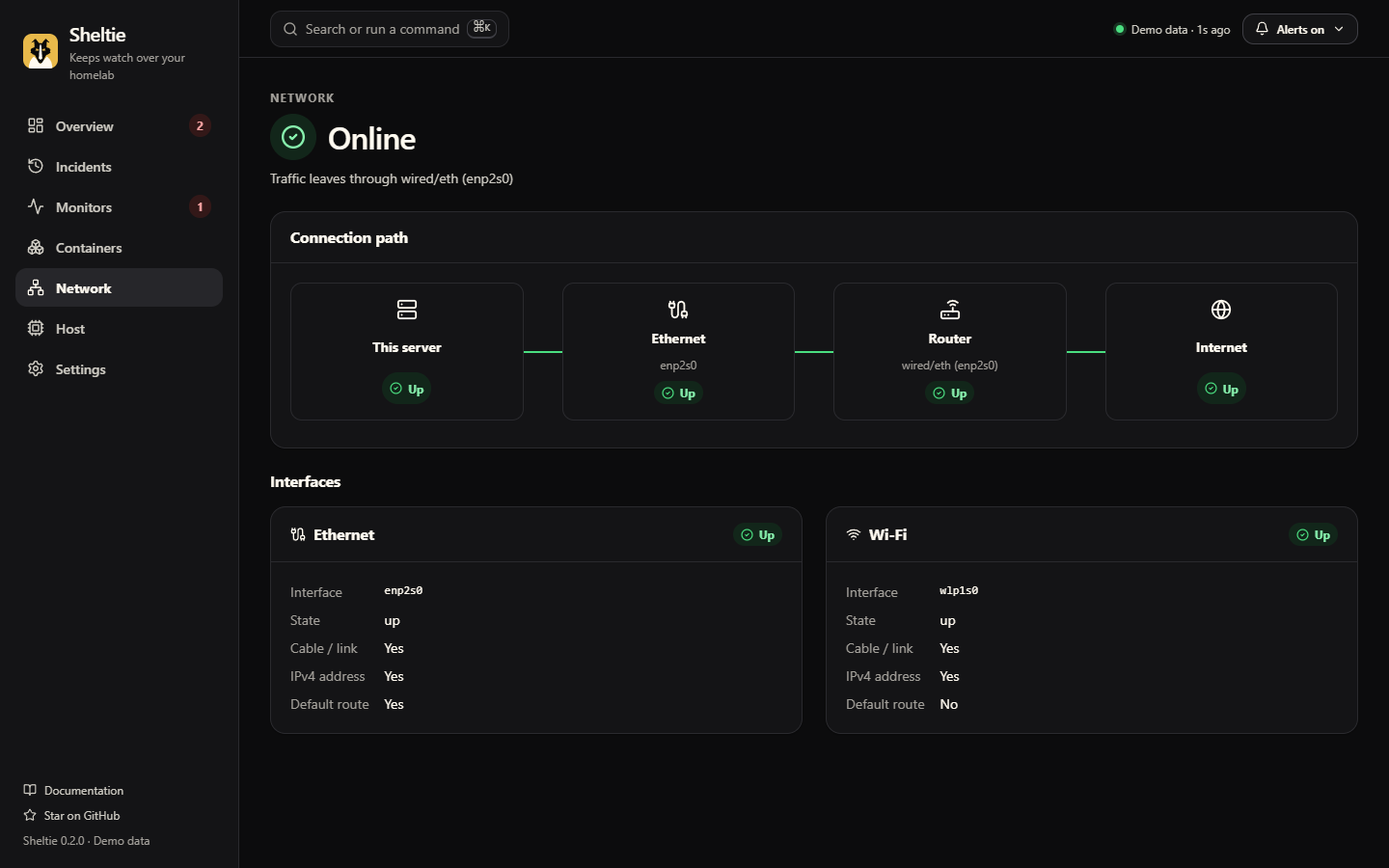 Network page in dark mode showing the connection path from server to internet